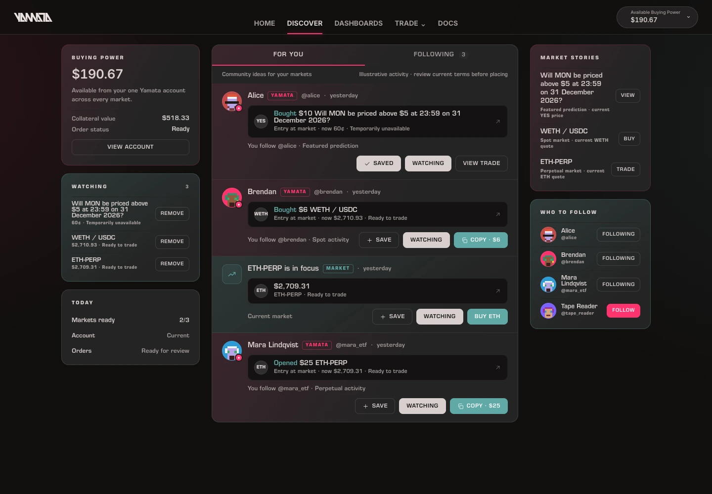 Yamata Discover social feed with For You and Following, trader profiles, activity and trade cards, Watching, Market Stories and Who to Follow.