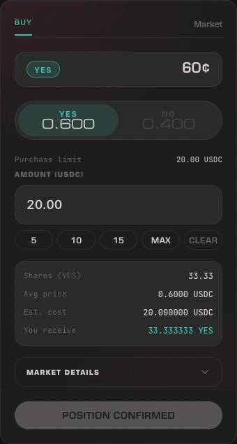 Actual Yamata prediction ticket: a 20 USDC YES position at 60 cents, receiving 33.33 shares.